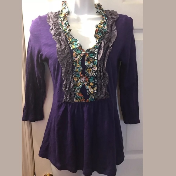DELETTA Purple Printed Tuxedo Tee Shirt Blouse Pleated VNeck Layering knits Tops - Picture 3 of 8